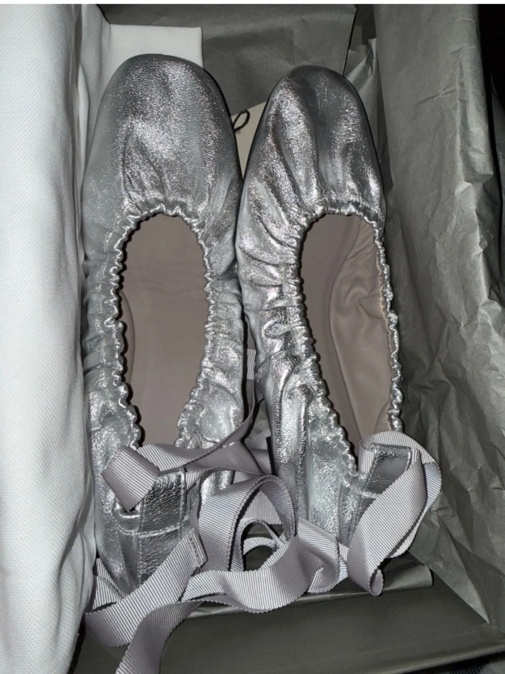 $299+ NWB AllSaints Alia Silver Metallic Leather Ribbon Ballet Sz 41/US 10.5